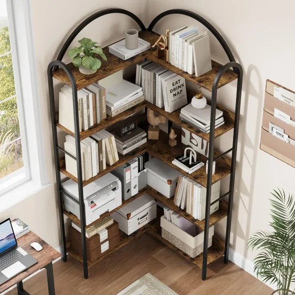 Corner Bookshelf Industrial Bookcase, L Shaped Bookshelf Arched 5 Tier Corner Shelf, Large Bookshelf With Metal Frame - Image 2