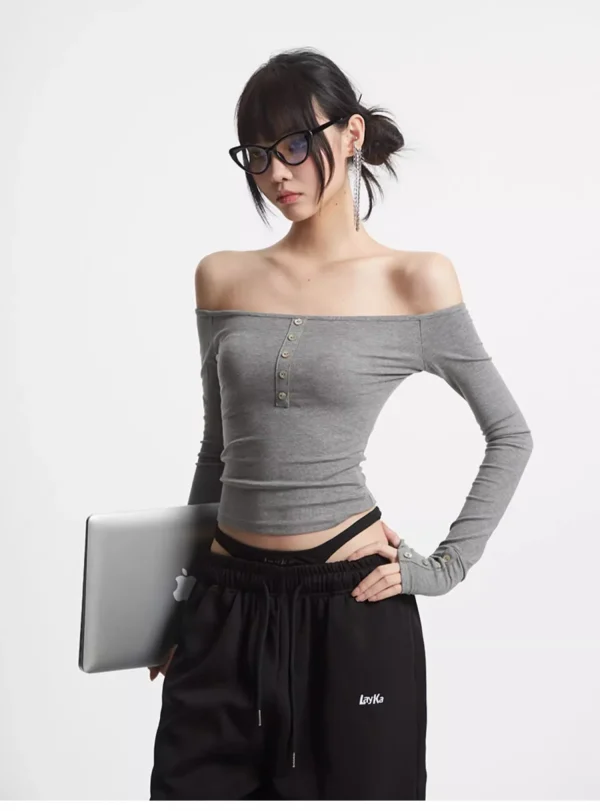 Women's Sexy Long Sleeve T-Shirt Crop Slim Fit Solid Off Shoulder Tee Shirt Femme 2025 Y2K Streetwear Top - Image 4