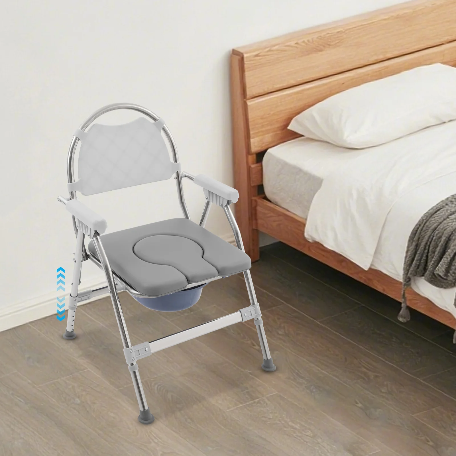 kf-S9bd996f626114ffeb21b7c9b0f753c2bI Gray Modern Toilet Chair, Toilet Chair with Padded Seat Plate and Toilet Bucket, Foldable Commode Chair for Seniors - Image 1