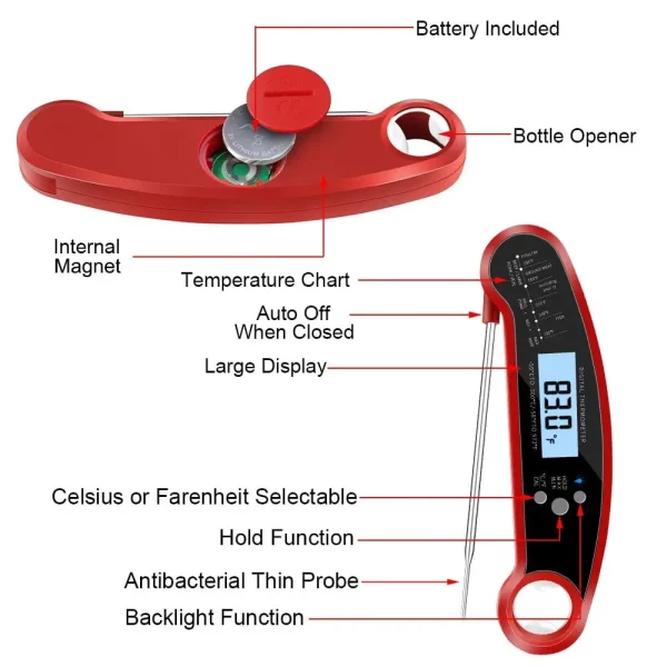 Waterproof Digital Thermometer Instant Read with Foldable Probe Backlight & Calibration for Cooking Food and Meat Kitchen Gadget - Image 3
