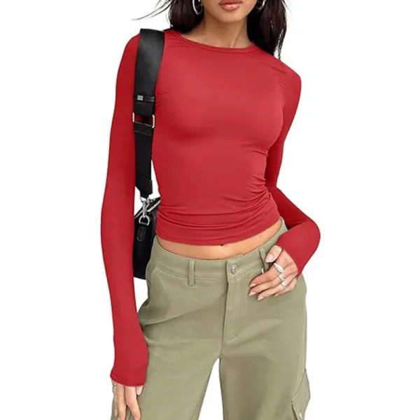 1pcs Four Seasons Fashion Senior Women T-shirt Long Sleeve Crew Neck Solid Slim Fit Tee Ladies Crop Top Daily Streetwear Camis - Image 3
