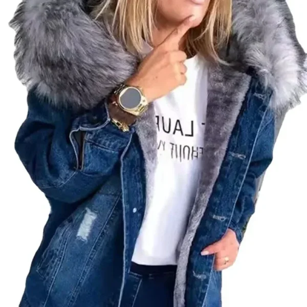 Jackets Women Denim Coat Thick Warm Hooded Fur Collar Single Breasted Full Sleeve Casual Coats Open Stitch Autumn Winter - Image 3