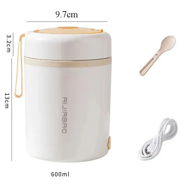 600ML USB Electric Heating Tiffin Box Portable Picnic Milk Drink Food Heater Stainless Steel Food Warmer Container 5V 12V 24V - Image 3