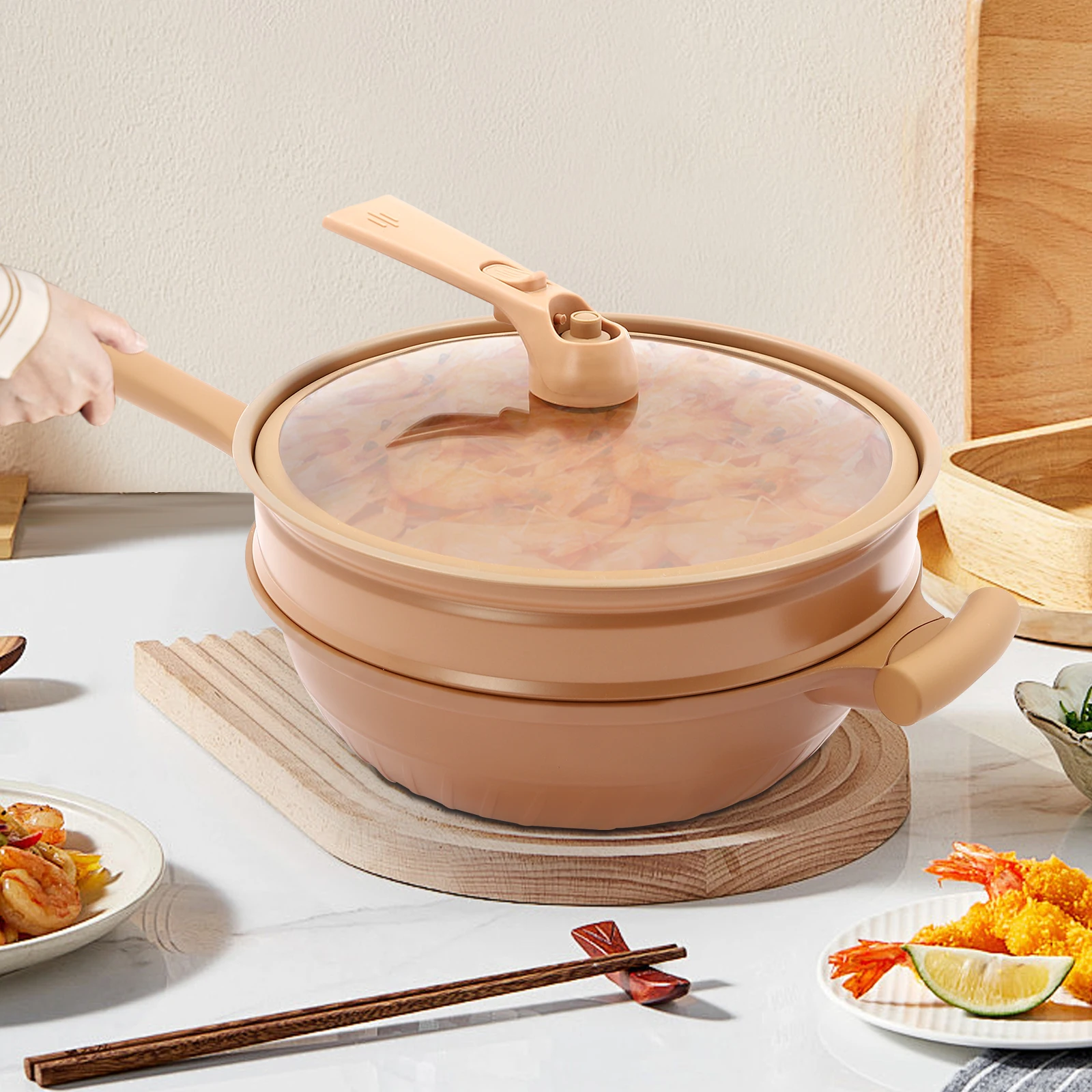 kf-Saa617d021868451cb81443caaa03b8f4H Micro Pressure Cooker with Steamer Basket, 32cm Clay Color Non-Stick Cooking Pot, Dishwasher Safe, Multi-Purpose Kitchen Pot - Image 1