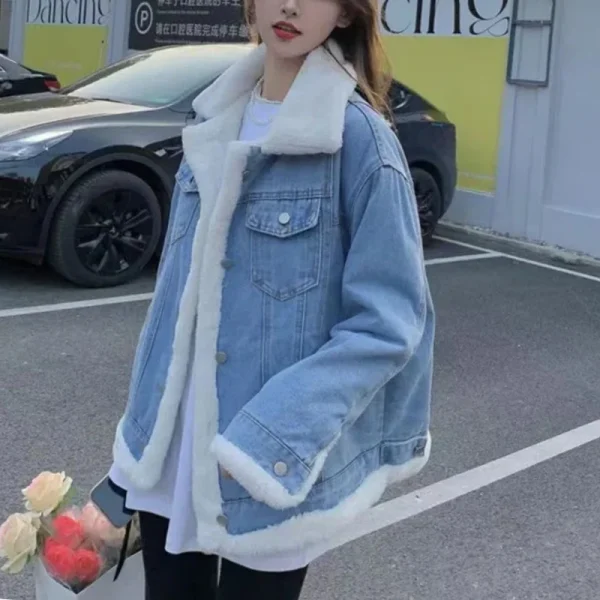 Autumn Winter New Popular Solid Color Plush Thick Denim Women's Clothing Jacket with Coats Double-sided Wear Stylish Chic Tops - Image 2