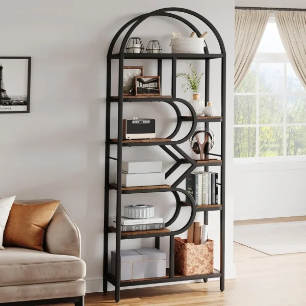 Geometric 6-Tier Metal Arched Bookshelf, 81.7 Tall Open Storage Display Rack for Unique Book Racks - Image 2