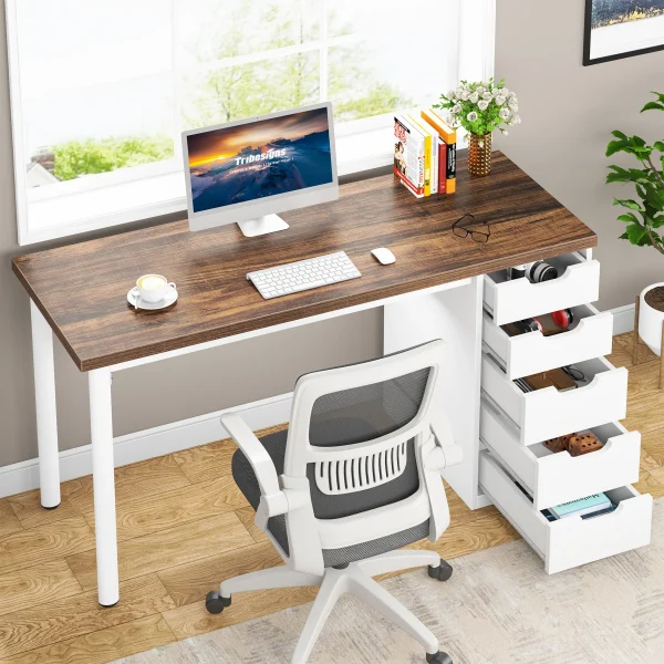 Tribesigns Computer Desk with 5 Drawers, 47 inches Rustic Brown Home Office Desk with Storage, Modern Simple Laptop Desk Study Table - Image 2