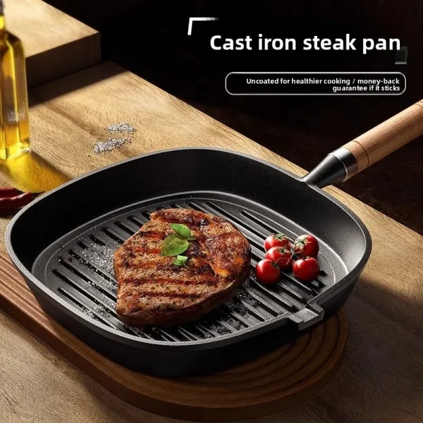 Cast iron steak frying pan, uncoated, household use, suitable for grilling steaks, gas or induction cooker. - Image 3