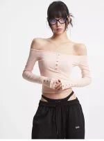 Women's Sexy Long Sleeve T-Shirt Crop Slim Fit Solid Off Shoulder Tee Shirt Femme 2025 Y2K Streetwear Top - Image 3