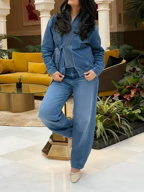 Women's Elegant Collar Denim Jacket - Lace-Up Short Short Length Coat with Crossover Hem, Buttonless Single-Breasted Front, Mach - Image 3