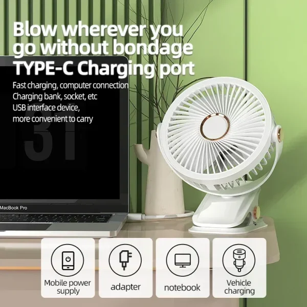 Rechargeable desktop and clip on with circulating air fan, 8000mAh, LED light fan, portable wireless ceiling fan - Image 3