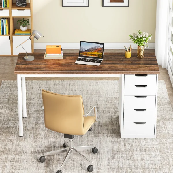 Tribesigns Computer Desk with 5 Drawers, 47 inches Rustic Brown Home Office Desk with Storage, Modern Simple Laptop Desk Study Table - Image 3