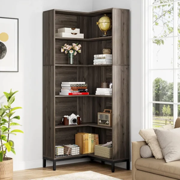 71 Inches L-Shaped Corner Bookcase, 6-Tiers Industrial Etagere Bookshelf, Tall Storage Display Rack,Freestanding Bookshelves - Image 4