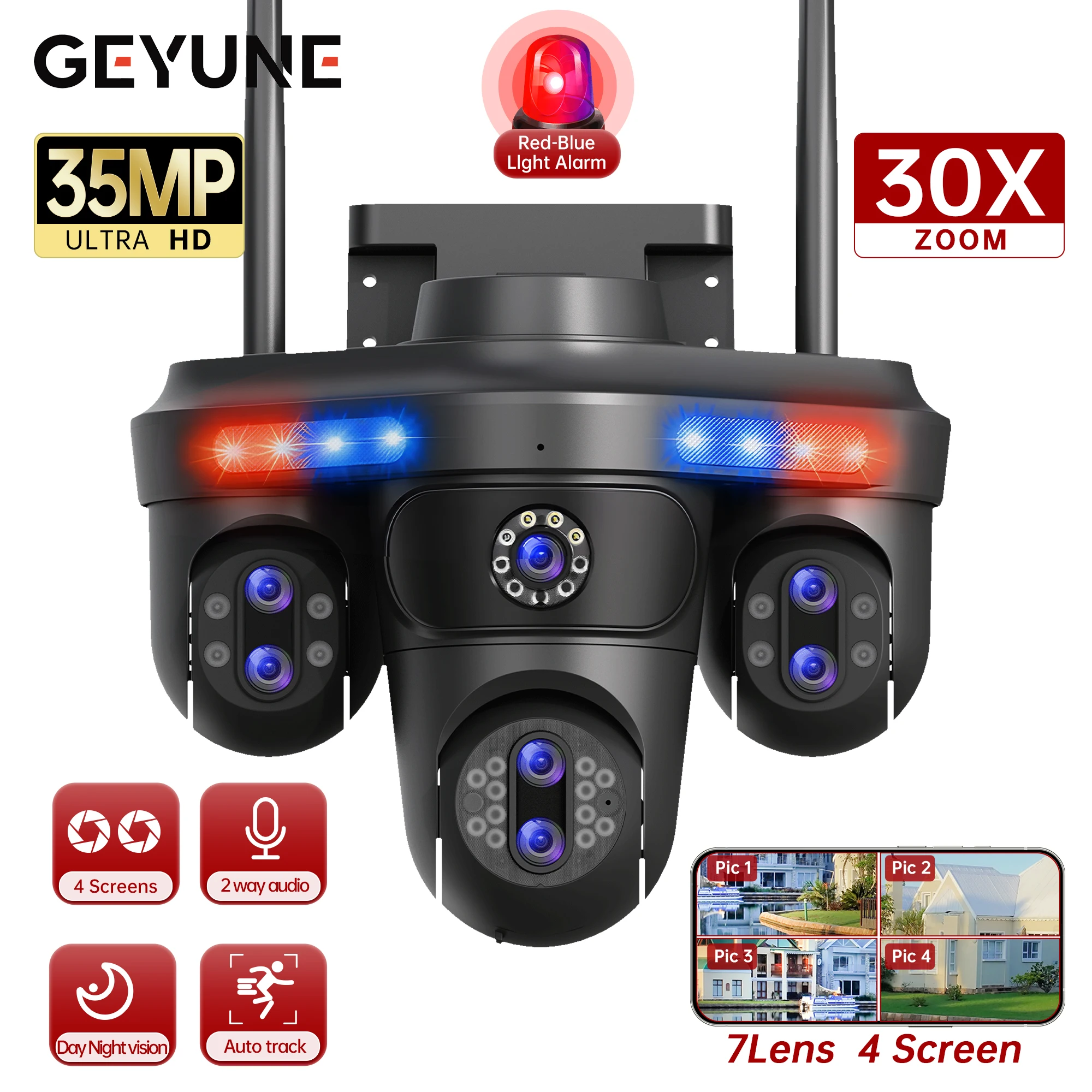 kf-Sdc21383ef57f48cf9bbdc819d26ea354F GEYUNE 35MP WiFi IP Camera 4 Screens 7 Lens 10X Zoom Outdoor Wireless PTZ Security Cam Auto Tracking CCTV Surveillance Camera - Image 1