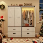 Armoire Cupboard with Sensor Light & 2 Drawer, Farmhouse Bedroom Armoire Cabinet with Hanging Rod & Sliding Barn Door - Image 3