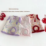 Girls' Retro New Year's Clothing with Accessories, Winter Baby Chinese Style Cotton Vest Skirt, Children's Tassel Dress - Image 2