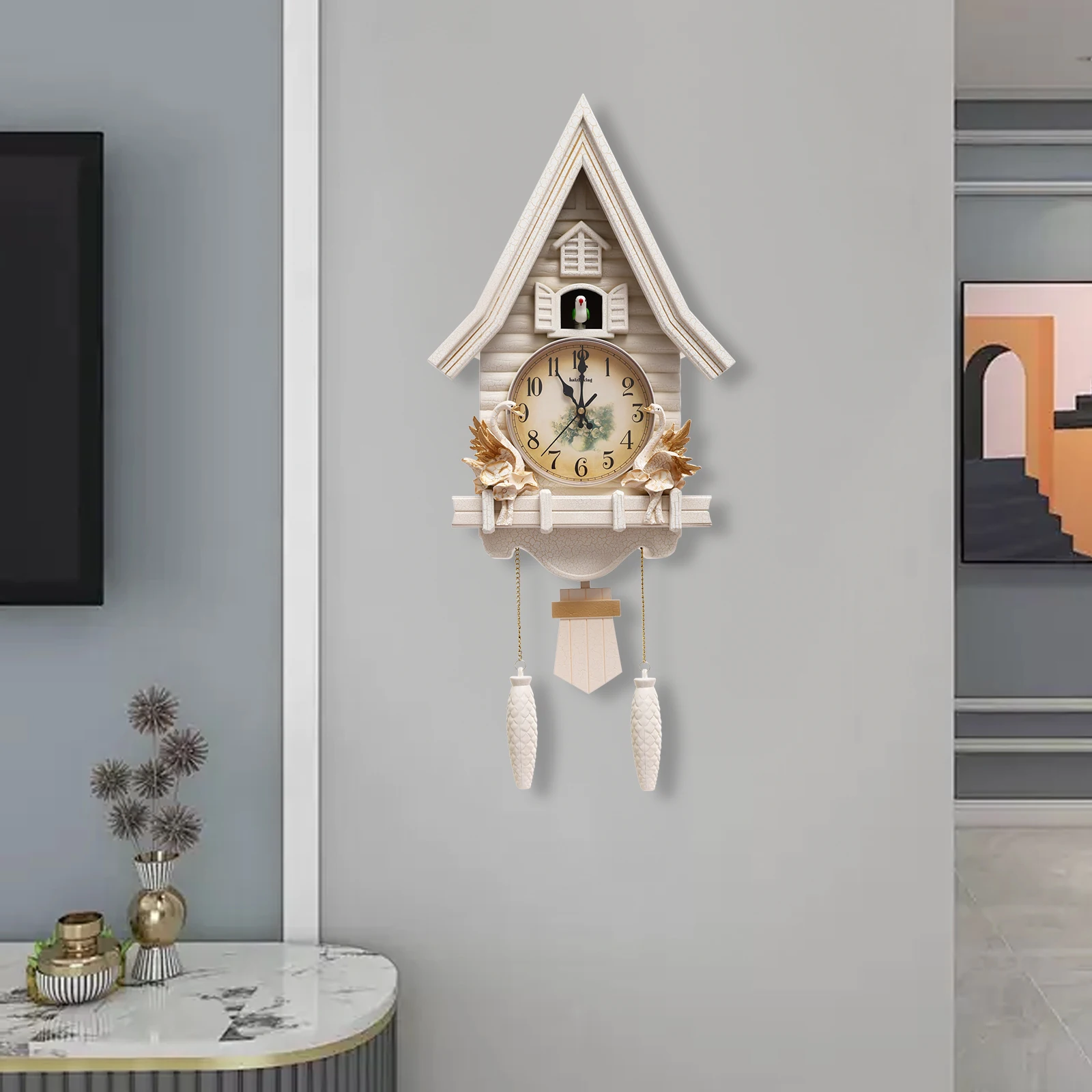 kf-Seb1710cf83334a209a48e17b0052466cL White Cuckoo Wall Clock Antique Battery Operated Creative Wall Clock 12.8*4.33*27.2in - Image 1
