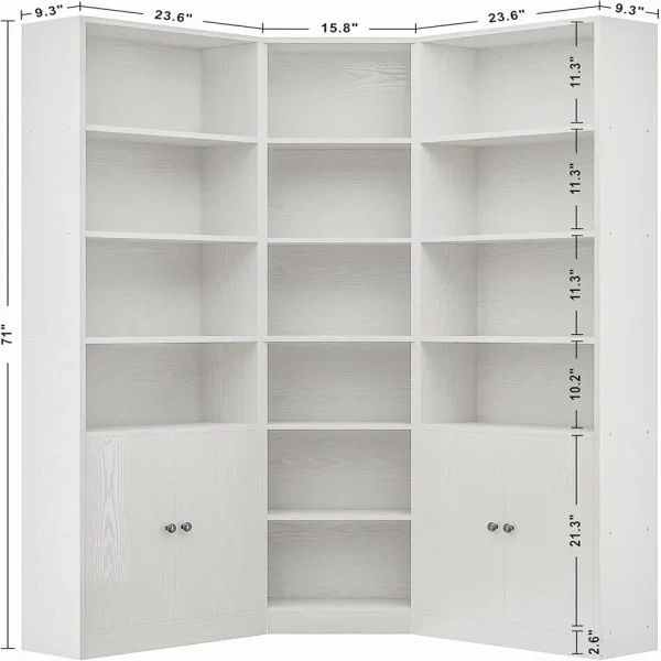 IRONCK Corner Bookshelf and Bookcase with 2 Storage Cabinets and 7 Tier Shelves, 71" Height Storage Shelves Corner Combination - Image 2