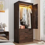 Armoire Cupboard with Sensor Light & 2 Drawer, Farmhouse Bedroom Armoire Cabinet with Hanging Rod & Sliding Barn Door