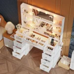9 Drawers Makeup Vanity Desk with Lights and Mirror, White Vanity with Glass Top & Hollywood Bulbs, Make Up Dressing Table - Image 2