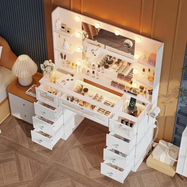 9 Drawers Makeup Vanity Desk with Lights and Mirror, White Vanity with Glass Top & Hollywood Bulbs, Make Up Dressing Table - Image 2