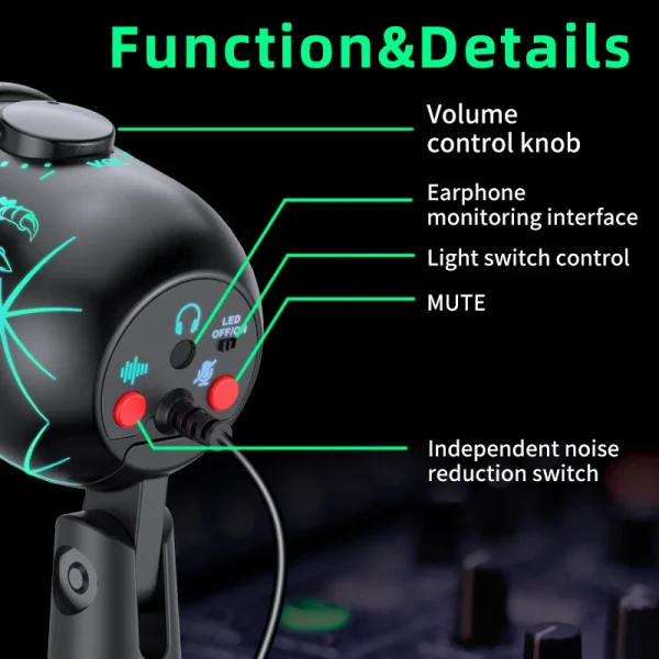 Gaming Microphone USB Microphone for PC Condenser Podcast Mic for Studio Recording with Headphone Jack, Led, Noise Cancellation - Image 2