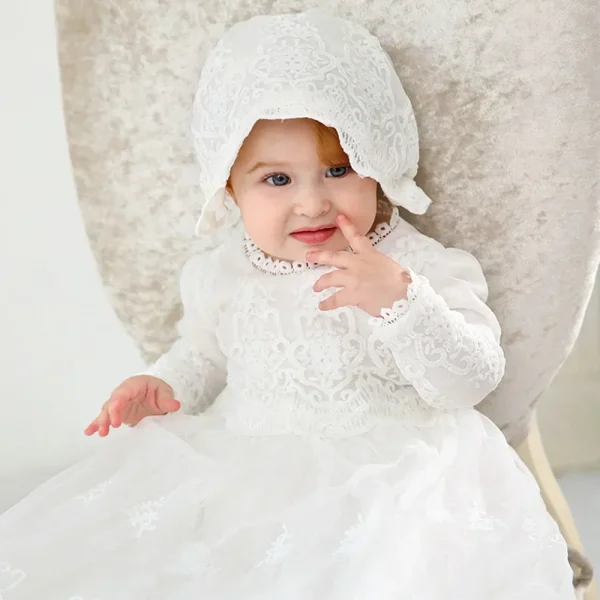 2025 Kids Girls Clothes Christening Birthday Outfits White Infant Princess Dress Baptism Baby Girls Matching Lace with Hat 1-3y - Image 6