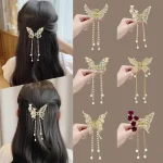 Exquisite Rhinestone Butterfly Fringe Hair Clips Korean New Ponytail Braid Pearl Hairpin Girl Crab Metal Headdress Gift - Image 2