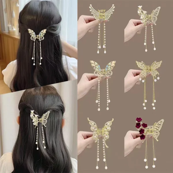 Exquisite Rhinestone Butterfly Fringe Hair Clips Korean New Ponytail Braid Pearl Hairpin Girl Crab Metal Headdress Gift - Image 2