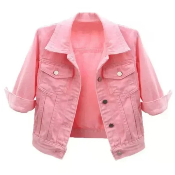 Women Spring Autumn Denim Jacket Tops Pink Color Solid Short Multicolor Feminino Three Quarter Sleeve Jean Jacket Size DURIKIES - Image 2