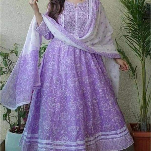 Ready Made Cotton Stitched Naira Cut Gown Glorious Designed Long Salwar, Kamez and Orna For Stylish Women / Girls ( 3 Pcs ) - Image 2