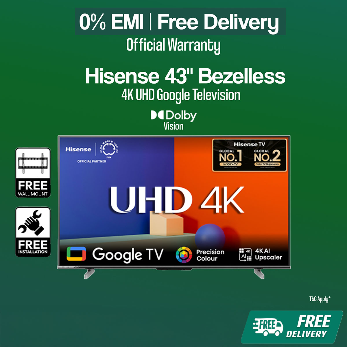 1e0344dea5270898e387252b2f372d0a Hisense 43 inch Bezelless Dolby Vision 4K UHD Smart LED Voice Control Google DTS TV 43A6F3 with Free Delivery - Image 1