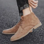 Fashion Brown Chelsea Boots Men British Style High Top Suede Leather Shoes For Men Lace-up Pointed Toe Design Men's Ankle Boot