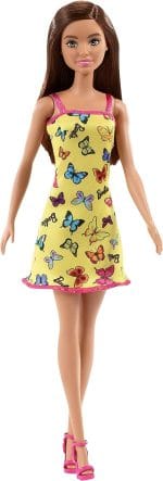 Barbie T7439 Brand Entry Doll Asst Barbie Doll (11.5 inches) with Colorful Butterfly Logo Print Red Dress & Strappy Heels, Great Gift for Ages 3 Years Old & Up