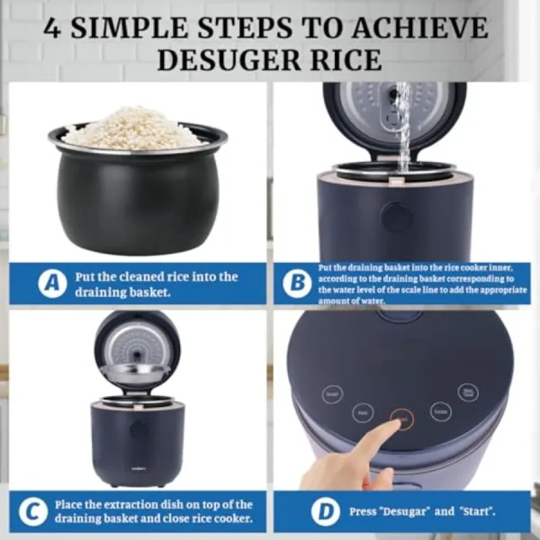 Hakka Low Carb Rice Cooker 7 Functions Desuger Rice Pot 4 Cups Uncooked Rice with Stainless Steel Steamer MINI Smart Cooker Non - Image 3