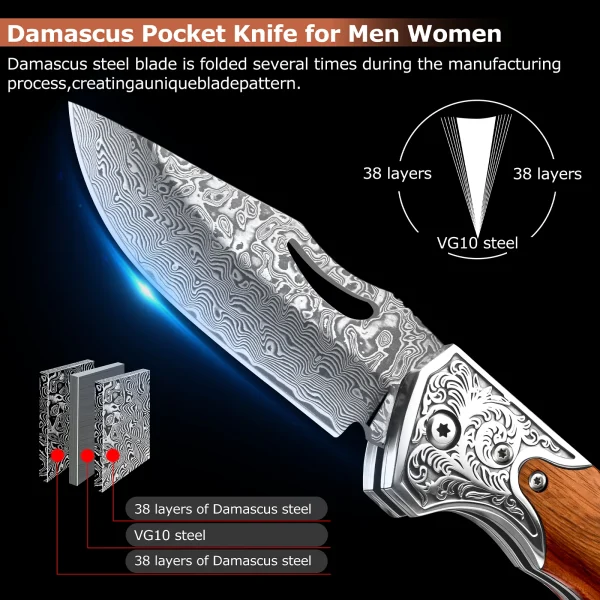 Damascus Pocket Knife for Men ,VG10 Core Damascus Steel Folding Knife with Wood Handle for EDC Outdoor Survival Hunting - Image 3