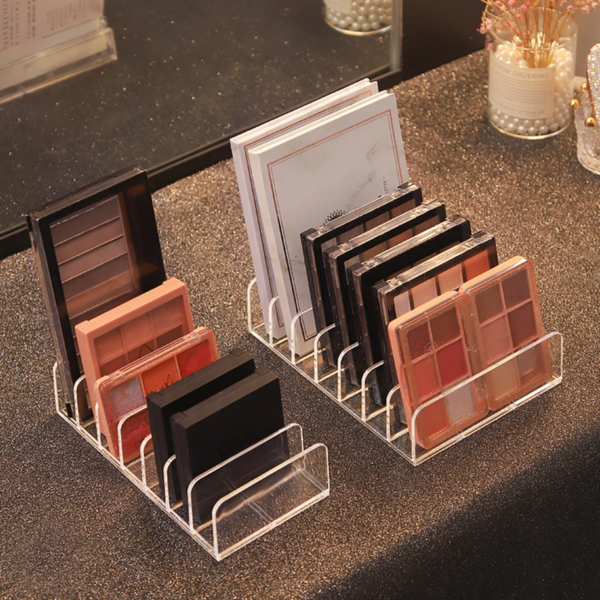 kf-S292785fd5e554090a3281dcb349248e4u 7-Compartment Transparent Makeup Organizer for Eyeshadow Palette and Cosmetics, Vanity Table and Bathroom Countertop Storage Box - Image 1