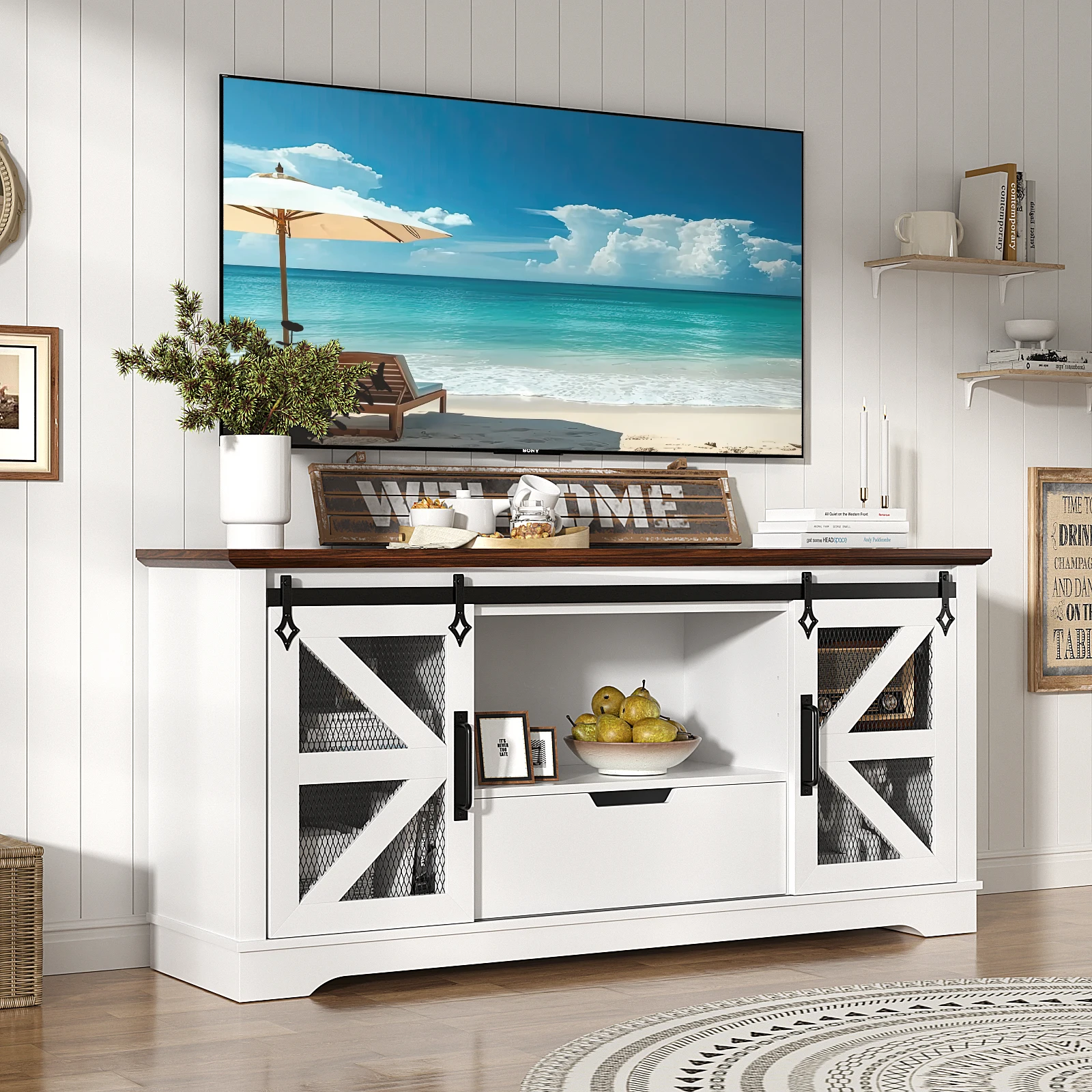 kf-S2eb4a6f6c7664fd880949f079e2aa43cs Modern TV Cabinet for TVs up to 60’’, Entertainment Center w/1 Drawer & 2 Storage Cabinets, Large Media Console Cabinet - Image 1