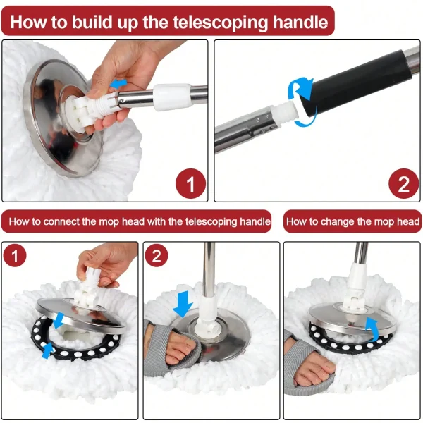 Spin Mop and Bucket with Wringer Set – 3 Microfiber Mop Heads & 61" Stainless Steel Adjustable Handle for Floor Cleaning - Image 3