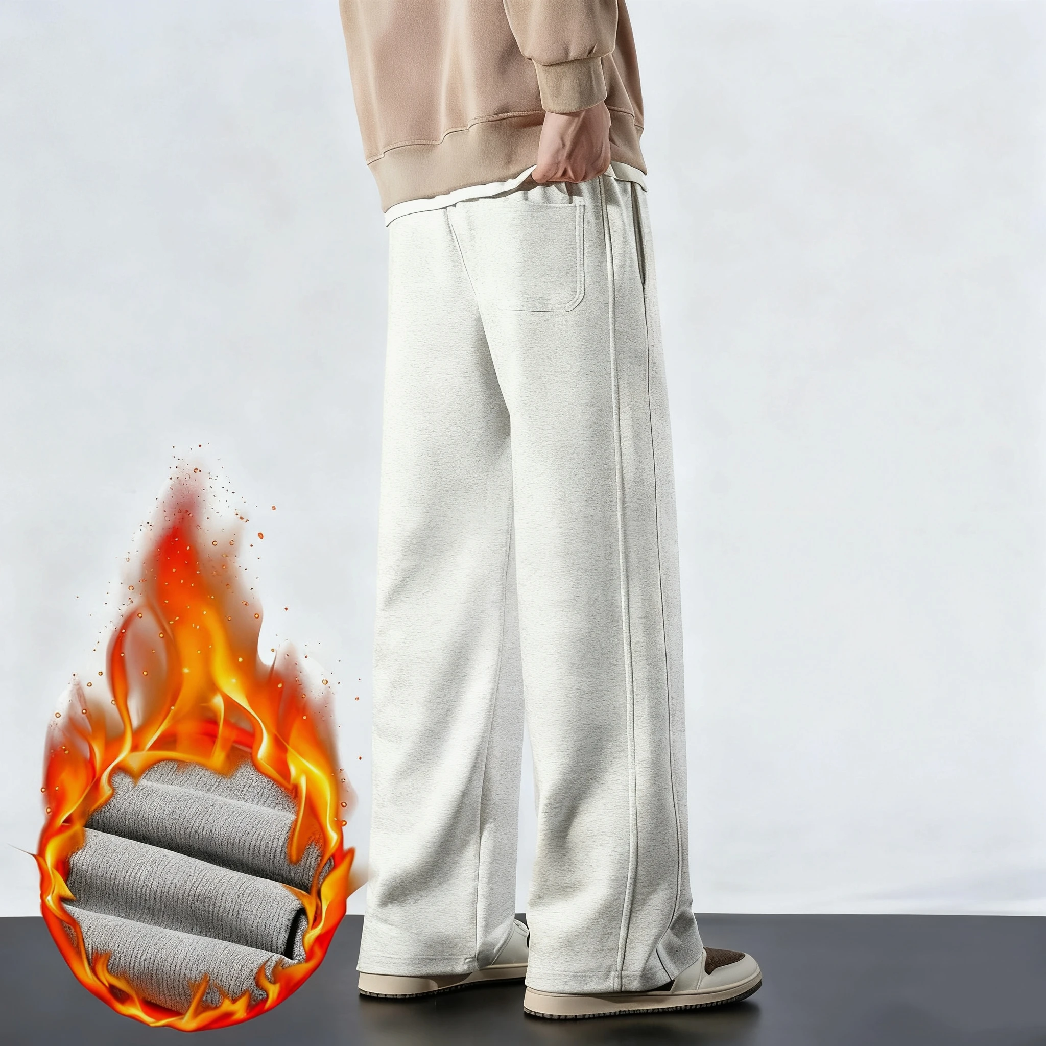 kf-S3f93b87bcff144a09064558cef8dd139q Winter Men's Wide Leg Pants 65% Cotton Velvet Lined Straight Sweatpants Solid Color Long Baggy Trousers for Outdoor Wear - Image 1