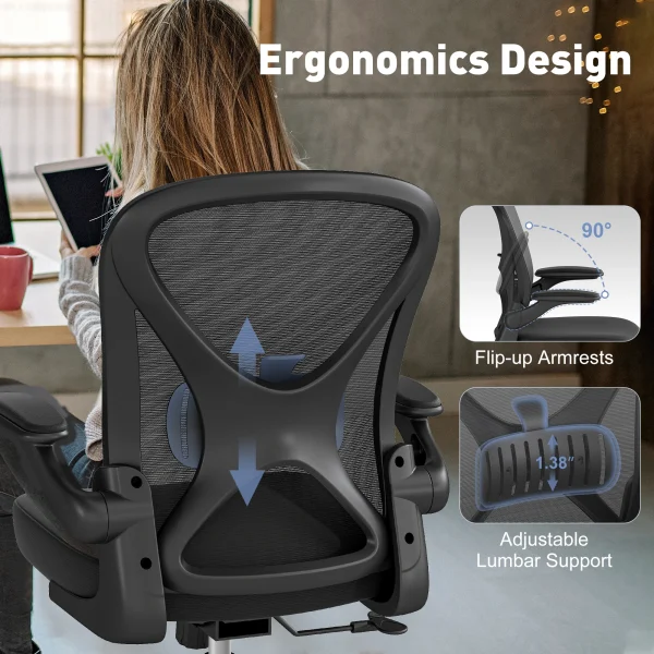 Office Desk Chairs, Ergonomic PC Desk Chair with Wheels, Adjustable Lumbar Support and Height Swivel Computer Chair with Flip-up - Image 2