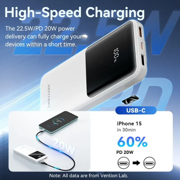 Vention CCC 22.5w 10000mAh Power Bank Built-in USB-C Cable Portable Fast Charger for iPhone Spare Battery 3C Certified Powerbank - Image 2