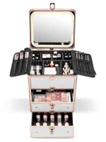 Qislee Makeup Box with Drawer and A Detachable Lighted Mirror, Waterproof Travel Train Case, Cosmetic Organizer and Makeup - Image 2