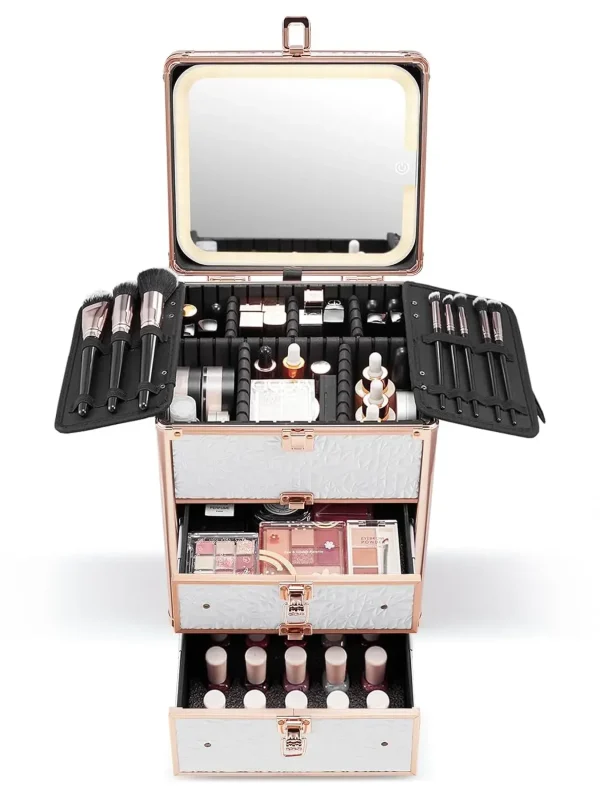 Qislee Makeup Box with Drawer and A Detachable Lighted Mirror, Waterproof Travel Train Case, Cosmetic Organizer and Makeup - Image 2