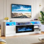 Fireplace TV Cabinet with Power Outlet for TVs UP to 80",Electric Fireplace Entertainment Center with LED Lights &Storage Cabinets