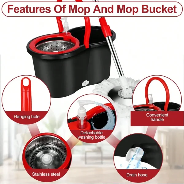 Spin Mop and Bucket with Wringer Set – 3 Microfiber Mop Heads & 61" Stainless Steel Adjustable Handle for Floor Cleaning - Image 2