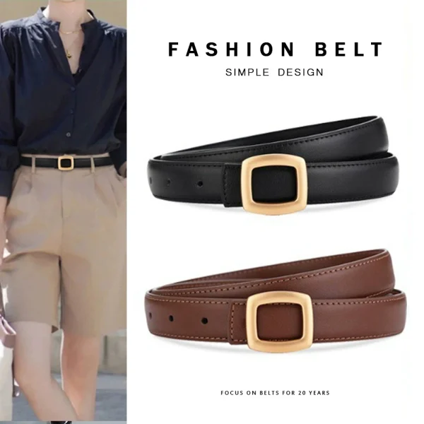Ladies leather belt with high-end simple decoration; new trend genuine leather versatile black jeans belt. - Image 2