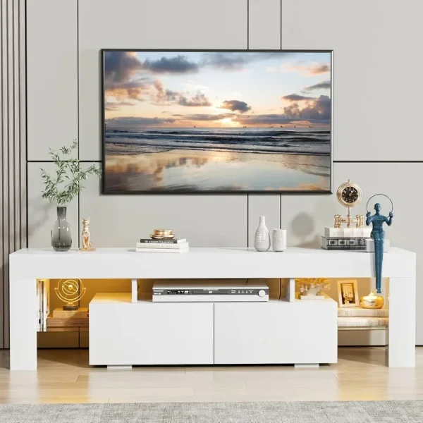 Modern TV Console with Lighting Remote Control Entertainment Center Open Shelves Media Storage TV Cabinet for Living Room - Image 2