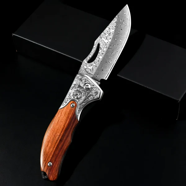 Damascus Pocket Knife for Men ,VG10 Core Damascus Steel Folding Knife with Wood Handle for EDC Outdoor Survival Hunting - Image 4