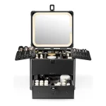 Qislee Makeup Box with Drawer and A Detachable Lighted Mirror, Waterproof Travel Train Case, Cosmetic Organizer and Makeup